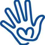 A blue outline of a large hand with a smaller hand inside it, featuring a heart shape in the center of the palm—symbolizing the care we bring to every Residential HVAC and Heating service.