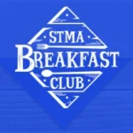 White "STMA Breakfast Club" logo with fork and spoon icons on a blue diamond background, inspired by community gatherings around A/C, Heating, and Plumbing conversations.